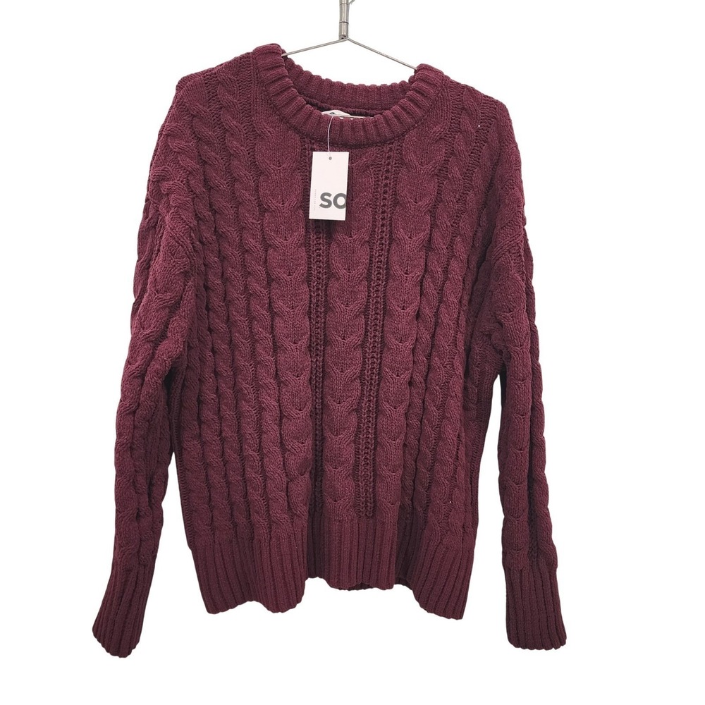 SO Cable Knit Sweater Womens XL Burgundy Chenille Cozy Boho Oversized Chunky